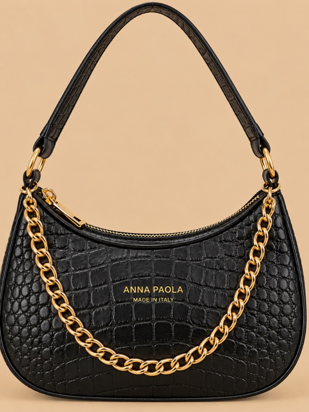 Anna Paola Black Croc Embossed Shoulder Bag Gold Tone Chain Made in Italy